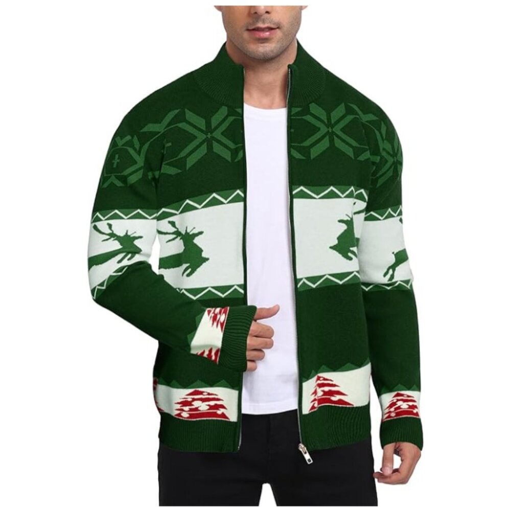 AIYINO Men's Christmas Zip-Up Cardigan Sweater – Size M